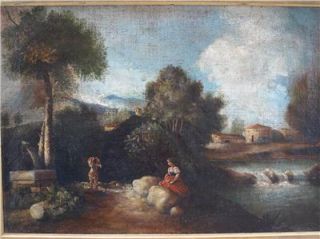 18thC Arcadian Landscape Oil Painting Figures on Pathway
