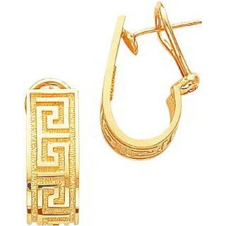 14K Gold Greek Key Hoop Omega Back Stud Earrings New A