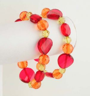 Acrylic and Faceted Red Orange Yellow Bead Stretch Bracelet Set