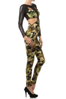 HOT  TRENDS  Military Camouflage Army Faux Leather Panel Bodysuit