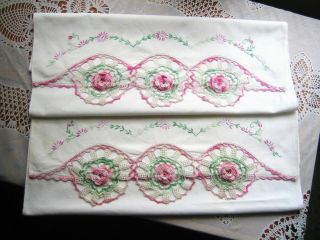 Vintage Crocheted Embroidered Pillow Cases Pair Pinks Roses Flowers
