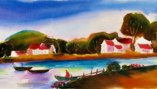 Leider  Original Watercolor Painting   Fisherman Lake Morning Fish COA