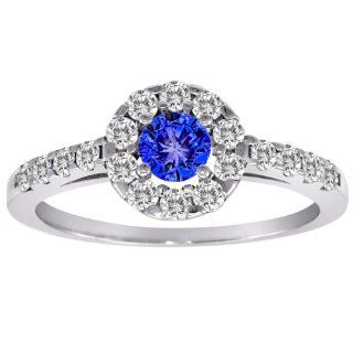 18K White Gold Halo Round Diamond & Tanzanite Ring (1 cttw, H I, SI