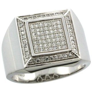 Sterling Silver Mens Large Square Ring w/ 85 Micro Pave CZ Stones, 19