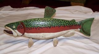 LARGE FOLK ART WOODEN CARVED FISH RAINBOW TROUT TABLE TOP FISH DECOY