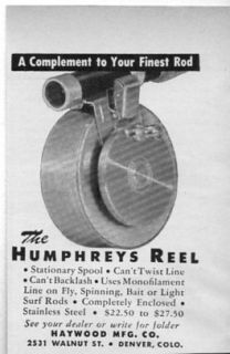 Original 1950 Vintage Ad The Humphreys Fishing Reel Haywood Mfg Denver
