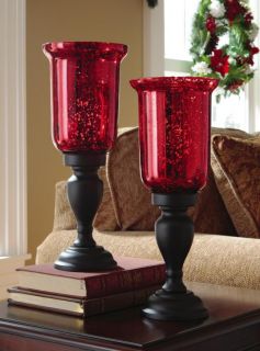 PC Red W/ Silver Hurricane Candle Holders Iron Glass Home Decor NEW