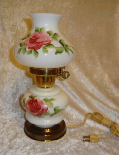  Painted Red Rose Globe Hurricane Table Lamp Milk Glass Chipped