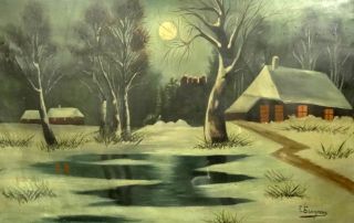  LANDSCAPE NIGHT SCENE FOREST HUTS OIL CANVAS PAINTING ~RUSSIAN JEW