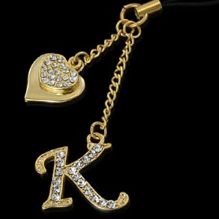 Initial K Letter Heart Crystal Gold Cell Phone Strap
