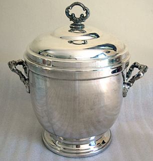 Vintage Silver Ice Bucket Cooler Champagne Ceramic Lining Scroll