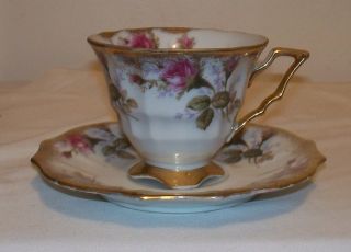 Gorgeous Vintage Royal Sealy China Moss Rose w Gold Trim Footed Cup