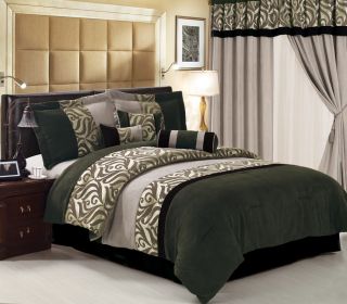  Traditional Sage Black Floral Suede Comforter Bed in a Bag Set King