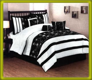  Embroidery Floral Stripe Bed In A Bag Comforter Set Queen Black/White