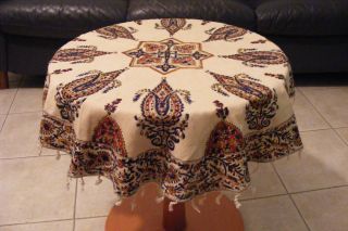 PERSIAN Iran 100% Cotton Block Printed Round Fringes TABLECLOTH 31X32
