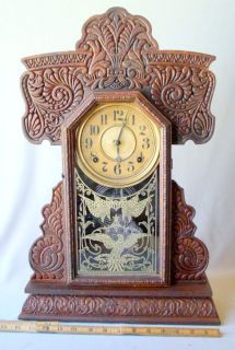 BEAUTIFUL INGRAHAM GINGERBREAD SHELF MANTEL CLOCK C 1880 EAGLE SHIELD