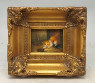 Miniature Oil Painting in A Solid Wood Gilt Frame Hand Painted Cat