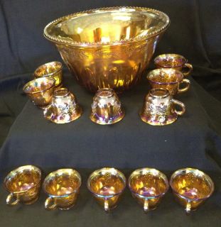 Marigold Indiana Carnival Glass Princess Punch Bowl Set w 12 Cups