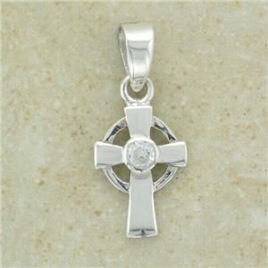 Irish Small Silver Celtic Cross Pendant with Small CZ Clear Stone 16