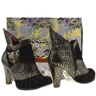 Irregular Choice Miaow Black Gold New Leather Womens Hi Ankle Boots