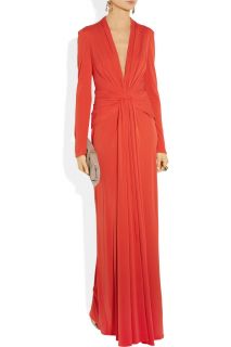 Issa London Red Draped Silk Crepe Jersey Long Sleeve Gown Dress
