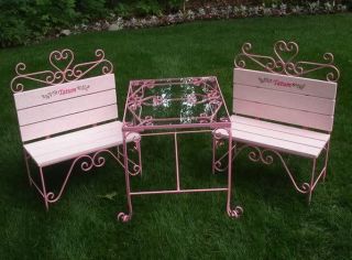 Kids Toddler Table and Chairs Set Tea Party Wooden Bench Iron Pink