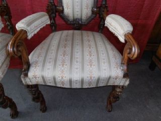 1880 Italian Antique Walnut Carved Eagle Executive Estate Chairs