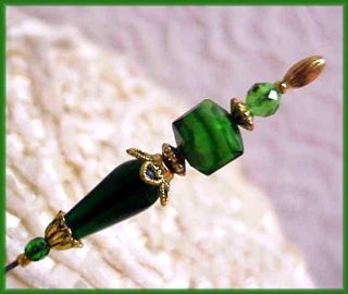 Green White Lampwork Glass Crystal Ladies Gold hatpin Check Out Free