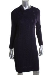 Nina Leonard New Purple Cable Knit Long Sleeve Cowl Neck Sweaterdress