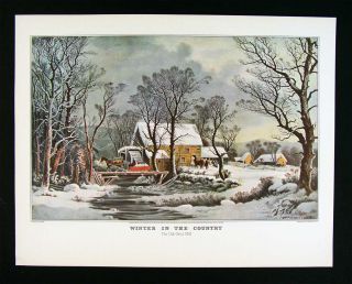 Currier Ives Print Winter in The Country Old Grist Mill Snow Horse