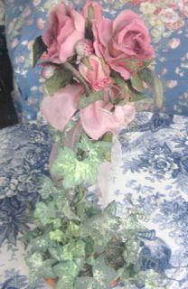  Pink Silk Rose Roses Topiary w Silk Ivy Plant Floral Decoration