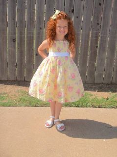 Janie and Jack Blossom Celebration Yellow Floral Rose Dress 6 & Bow