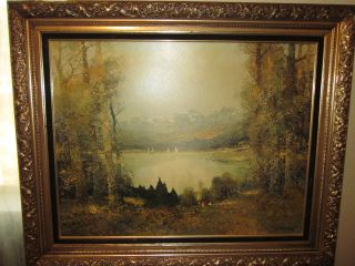 Willi Bauer Summer Day on the Lake Old PRINT with high end frame Very