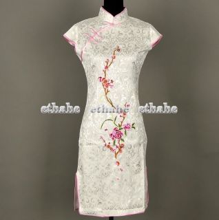 Chinese Plum Cheongsam Mini Chic Evening Dress Qipao White M Sz 10