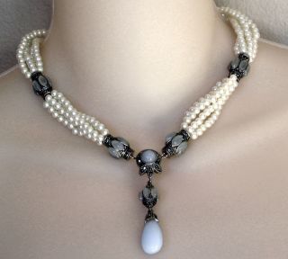 New Judith Jack Pearl Marcasite Smokey Blue Necklace