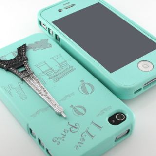 Top Level Mint Eiffel rhinestone silicone case cover for iPhone 4