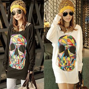 New Colored Skull Loose Womens Batwing Sleeve Long Sleeve T Shirt