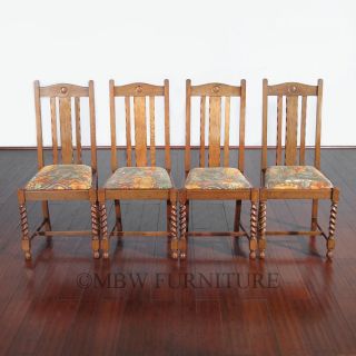 Antique English Solid Oak Jacobean Dining Side Chairs Set 4 c1920’s