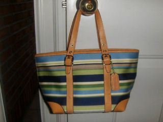Coach Authentic Blue Tan Leather Stripe Small Handbag Purse L3J 7744