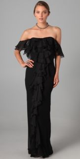 Marchesa Notte Off Shoulder Column Gown with Ruffle