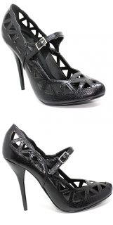 Black Triangle Cut Out Faux Leather Mary Jane Pumps 7 5