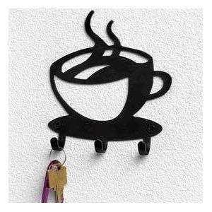 Coffee House Cup Java Silhouette Wall Mounted Key Hooks Art Metal