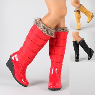 Womens Shoes Fur Puffer Wedge Knee High Rain Boots Black Red Yellow