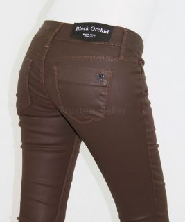  Brown Chocolate Color Coated Waxed Skinny Jewel Jeggings Jeans