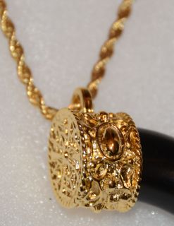 Kenneth Jay Lane C Black Pendant on Gold Chain Necklace