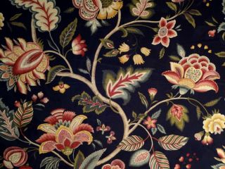 JAY YANG BLACK GREEN RED GOLD JACOBEAN FLORAL DRAPERY UPHOLSTERY