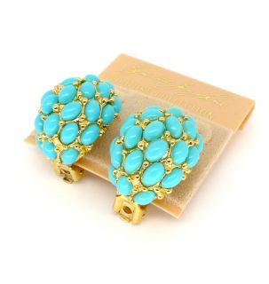 Kenneth Jay Lane Large Gold Turquoise Cabochon Cluster Earrings