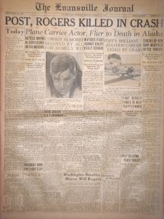 Newspaper Will Rogers Wiley Post Killed in Air Crash Alaska Jean