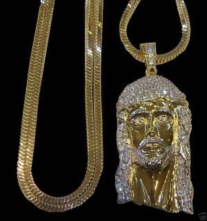 Mens New 14k Gold Plated Franco Chain Jesus Face Set