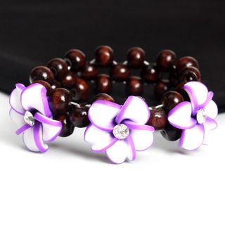 White Purple Clay Flower Wooden Bead Stretch Bracelet